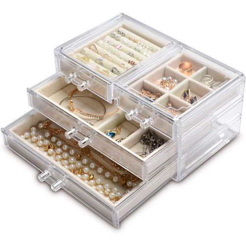 Boîte À Bijoux 4 Tiroirs Acrylique/Velours, Supports Pour Bagues, Boucles D'oreilles, Bracelets Et Chaînes, 24 X 14 X 11 Cm, Tiroirs Amovibles Et Compartiments Ajustables, Idéal Pour Ranger Et Offrir