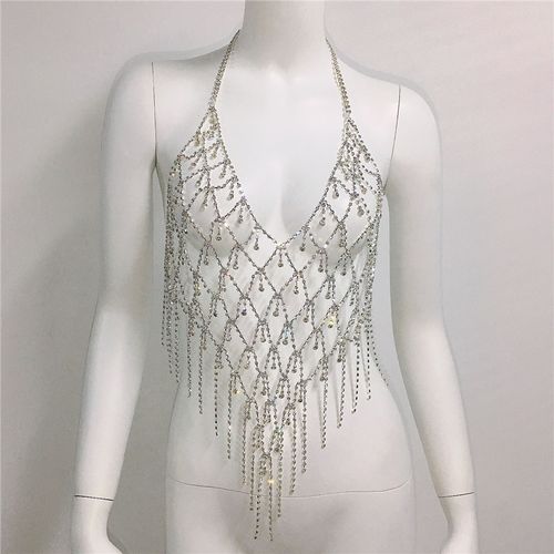 Vestiaire De Nuit En Rhinestone Avec Franges Et Bretelles Croisées Sans Dos - Argenté (Taille Unique) Pour Accessoire Sexy Éclatant Dans Les Clubs Nocturnes