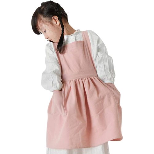 Tablier Enfant Fille En Coton Et Lin, Rose, Taille M (58 Cm), Réglable Avec Poches, Idéal Pour Cuisine, Peinture Et Activités Manuelles