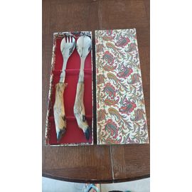 Couvert À Salade En Inox Et Ornés D'Un Manche En Pied De Biche Naturel Datant 1970 Longueur 300 Mm