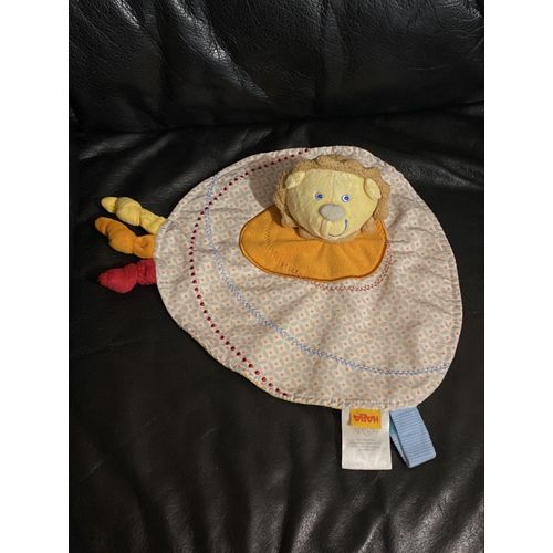 Doudou peluche Etoffes câline Lion Uppsala plat rond orange jaune et rouge Haba 26cm