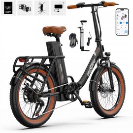 Vélo Électrique Onesport Ot16-2 - Roues De 20 Pouces, Moteur 250 W, Batterie 48 V 17 Ah, Autonomie 60 Km, Vitesse Maximale 25 Km/H, Freins À Disque - Noir Et Marron