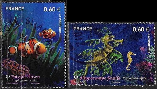 France 2012, Beaux Timbres Oblitérés Yvert 4646 Et 4647, Faune Marine, Poissons Tropicaux, Le Poisson Clown Et L'Hippocampe Feuille, Tbe.