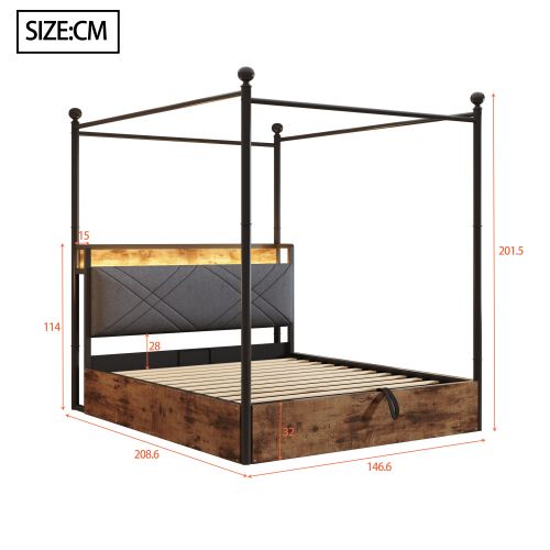 Lit double fer forgé 140x190cm rangement/LED/USB-C - noir