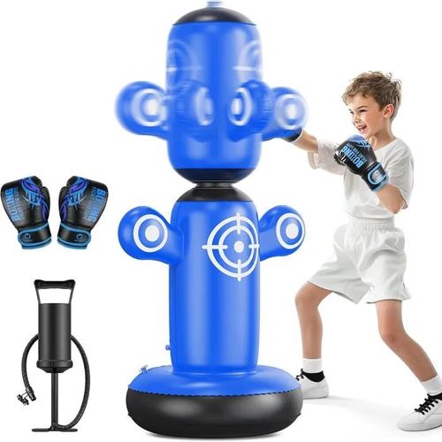 Sac De Frappe - Qpau - Rotatif 360° - Gonflable - Gants & Pompe Inclus - Bleu.