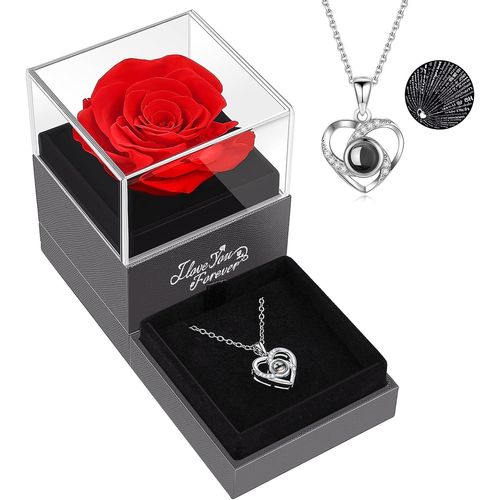 Collier En Argent Avec Rose Immortelle Dans Une Boîte Cadeau En Forme De C?ur, Idéal Pour La Saint-Valentin, Anniversaire Ou Cadeau Romantique Pour Elle