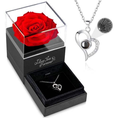 Collier En Argent Avec Rose Immortelle Dans Boîte Cadeau - Idéal Pour Saint-Valentin, Anniversaire Ou Mariage - Bijou Élégant Et Intemporel