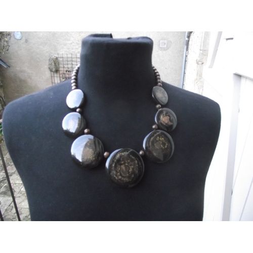 Collier Superbe Céramique Et Petites Boules Bois