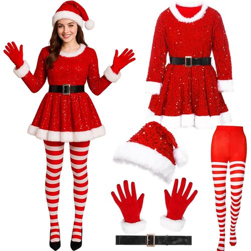 Kalanka-Costume De Noel Pour Femme, Deguisement Robe De Mère Noël Avec Chapeau, Gants Et Chaussettes, Tenue De Père Noël, Costume De Fête Cosplay