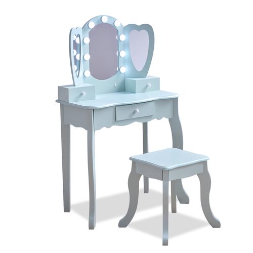 Teamson Kids Coiffeuse enfant en bois bleu clair en forme de c?ur avec miroir LED triple tabouret tiroirs pour jeux créatifs et éducatifs