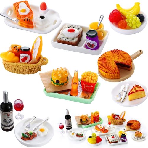 KALANKA-Accessoires de Maison de Poupée Miniature, Accessoires de Cuisine Miniature, 1:12 Accessoire Miniature Nourriture avec Miniature Steak Vin Rouge Hamburger Frites, Ensemble de Mini Nourriture