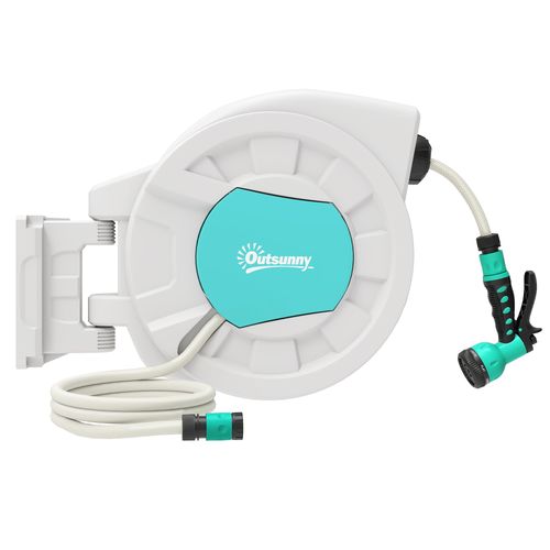 Dévidoir mural enrouleur automatique pivotant 180° tuyau 35 + 2 m avec lance arrosage 7 modes support mural intégré gris clair bleu