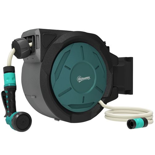 Dévidoir mural enrouleur automatique pivotant 180° tuyau 25+2m avec pistolet arrosage support mural intégré vert noir