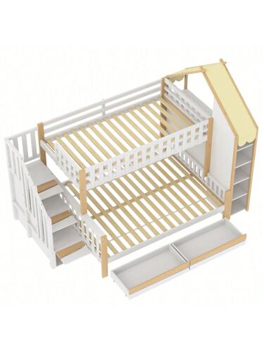 Lit double sans accès de stockage de matelas¿Pas de matelas¿ Blanc + couleur naturelle + pin + 140cm * 200cm