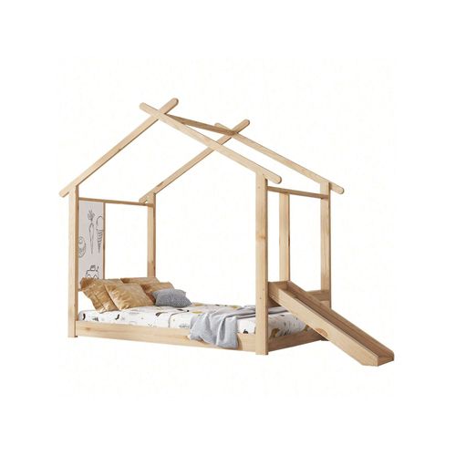 Lits en bois, Lit d'enfant, Lit individuel, Mit lustiger Rutsche, Lits stables, Belle conception du toit, Mit beschreibbarer Weißwandtafel, Pinier + MDF + bois persisté, Nature, 90x200cm 1