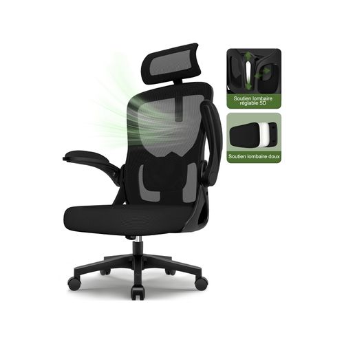 Chaise bureau, chaise de bureau ergonomique , fauteuil de bureau, office chair, siege bureau, capacité de charge de 150 kg, accoudoirs rabattables à 90° et soutien du dossier réglable