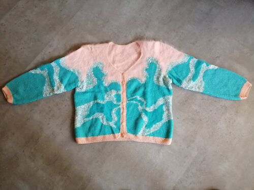 Gilet Angora Et Coton Turquoise Et Saumon Tricoté Main 38 Phildar