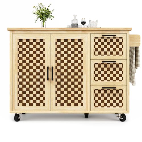 Îlot cuisine 120x45(75)x92cm, chariot extensible, 2 portes + 3 tiroirs, porte-serviettes, damier/grain bois