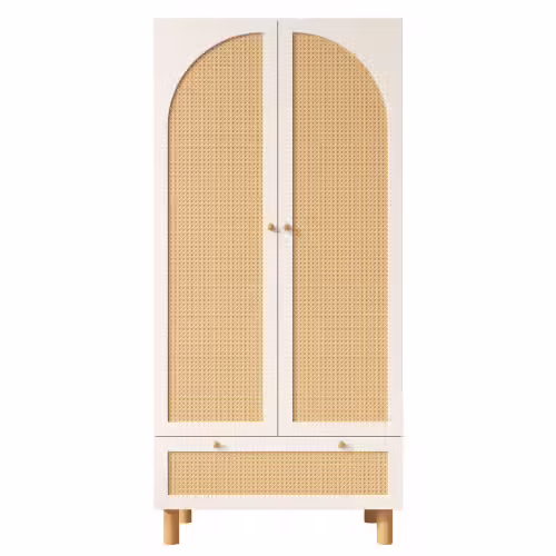 Armoire 2 portes 180cm blanc/rotin - tiroir/étagères réglables - anti-basculement