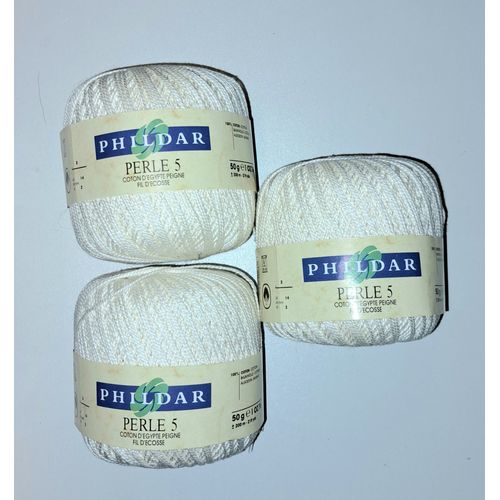 Phildar Lot De 3 Pelotes De Laine Coton D'egypte Peigné Fil D'ecosse Perle 5 - Coloris Blanc - Aiguilles Ou Crochet 2 Main Ou Machine - 100% Coton