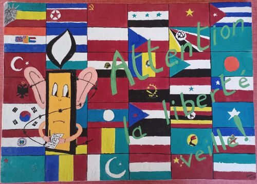 A. Oeuvre Originale. Attention La Liberté Veille.. Tableau Peinture Gouache. Peint En Juillet 1986. Dimension 47,5 X 34 Cm. Peint Sur Drap Posé Sur Plaque De Bois.