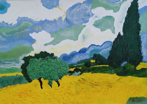 K. Oeuvre Originale. Champ De Blé Avec Cyprès D'Après Van Gogh. Tableau Peinture Acrylique Sur Papier Avec Cadre. Peint À Paris En Février 2025. Dimension Hors Cadre 41 X 29 Cm, Avec Cadre 45 X 33 Cm.