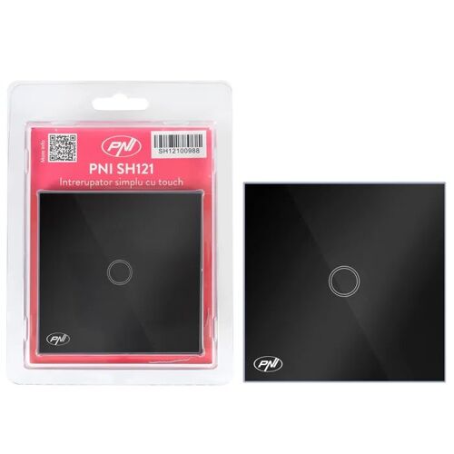 Interrupteur tactile simple PNI SH121 en verre noir avec indicateur LED, 10 A, 200 W