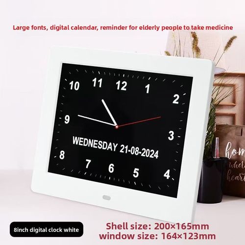 Horloge calendrier numérique avec date et heure Horloge Alzheimer pour parents, Rappel de médicaments pour grands-parents et enfants 8 pouces blanche