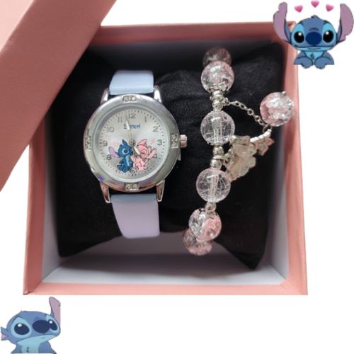 Coffret Montre Enfant Stitch & Angel Bleu + Bracelet Perles - Idée Cadeau (Taille Taille Unique,Couleur Bleu)