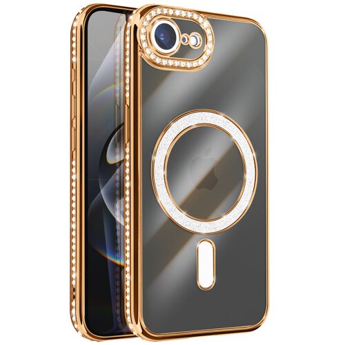 Coque pour iPhone 16e Compatible MagSafe avec Contour Strassé Dorée