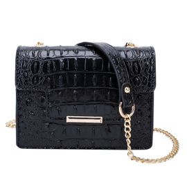 Sac Bandoulière pour Femme Effet Croco Vernis avec Fermoir à Bouton-pression Noir