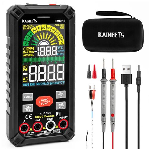 Multimètre numérique KAIWEETS KM601S, 10 000 points, mesure True-RMS, modes intelligent et manuel, batterie rechargeable, lampe torche, verrouillage automatique - Noir