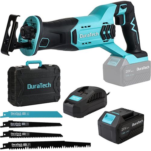 Scie Sabre sans Fil 20V DURATECH avec Batterie 4,0Ah, Scie Sabre à Batterie avec 4 Lames et Boîte de Rangement, Scie Alternative pour Couper Bois, Métal et PVC