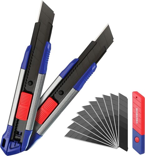 Cutter Professionnel en Alu WORKPRO, 2 Pièces Cuter Rétractable 18mm avec Lames de Cutter Sécables en SK5 (10 Lames de Rechange Comprises) et Distributeur, Idéal pour Couper Papier, Carton