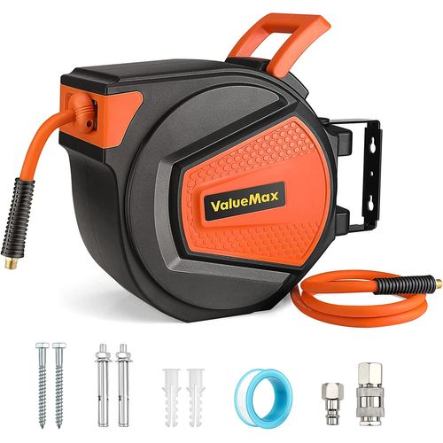 Enrouleur de Tuyau d'Air Comprimé de 20Bar/300PSI ValueMax, Tuyau 15M, Raccord en Laiton 1/4 BSPT, Dévidoir de Tuyau d'Air avec Rétractation Automatique, Verrouillage à Toute Longeur