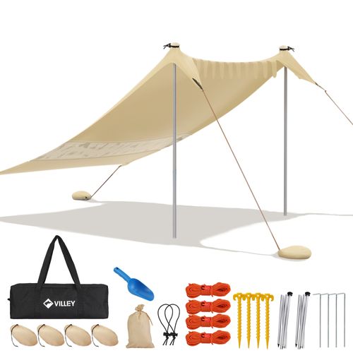 Tente De Plage Anti-Uv Villey, Upf50+, Abris De Plage Pour 3 Personnes, Lycra Tente Avec 2 Pièces Poteaux En Aluminium Et Sac De Sable Pour Camping L'extérieur,2m X 2,4m Kaki