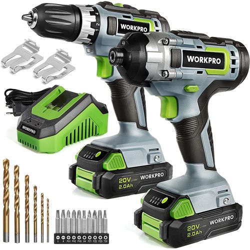 Perceuses Combi WORKPRO 20V avec 2 Batteries 2,0Ah, Perceuse Visseuse sans Fil a Double Vitesse avec 18+1 Couple, et Visseuse a Choc 130Nm, Charge Rapide en 1H, 16 Accessoires Compris