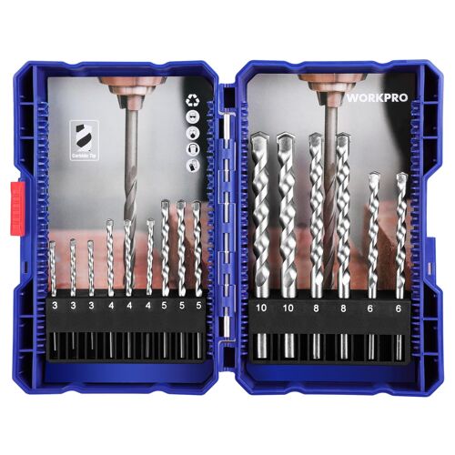 Foret Béton WORKPRO 15 Pièce avec Boîte Ø3, 4, 5, 6, 8 et 10 mm Mèche à Béton Forets Set pour Brique, Maconnerie, Ciment