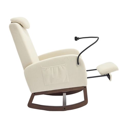 Fauteuil à bascule velours, dossier haut, repose-pieds extensible, poche latérale, structure bois