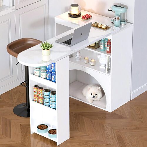 Table bar extensible 120(+80)x40x100cm, espace animaux, plateau marbre, blanc
