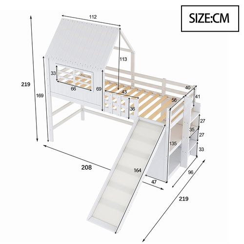 Lit enfant 90x200cm grenier avec toboggan/rangement - bois blanc