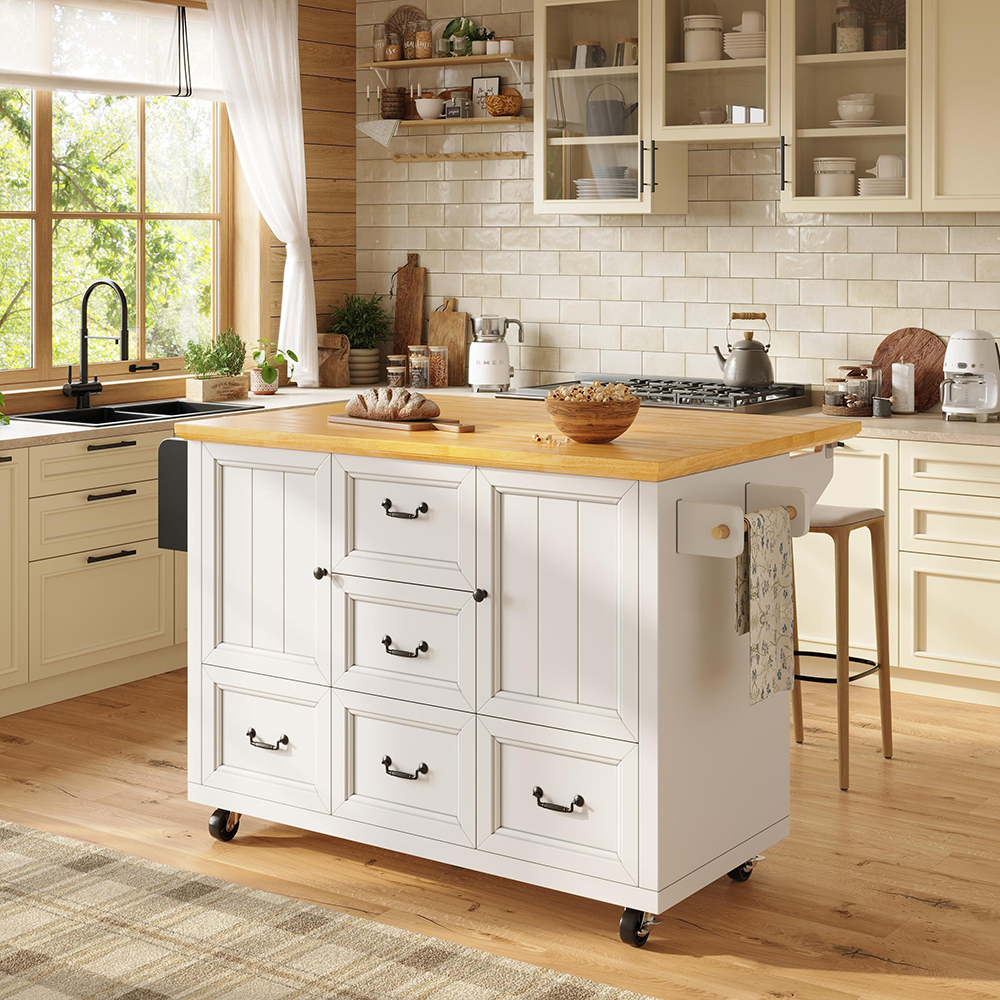 Îlot cuisine 120x73(45)x93cm, chariot coulissant, 2 portes + 5 tiroirs, étagères réglables, blanc/noir