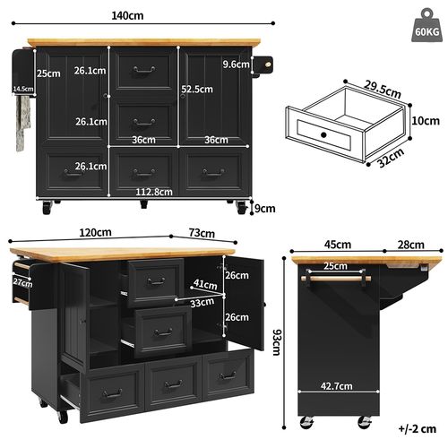 Îlot cuisine 120x73(45)x93cm, chariot coulissant, 2 portes + 5 tiroirs, porte-serviettes/épices, étagères réglables, blanc/noir