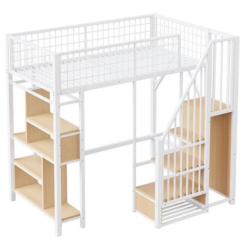 Lit mezzanine métal 90x200cm avec étagères/escalier - blanc