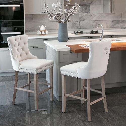 Tabourets bar 2pcs, velours capitonné/pieds bois, clous chromés, beige DE2002BG