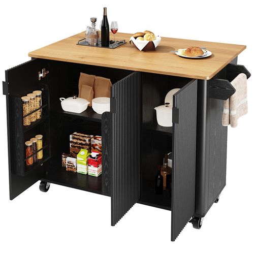 Îlot cuisine 130x45(75)x92cm, chariot extensible, 3 portes, porte-serviettes/épices, veinage bois, blanc/noir