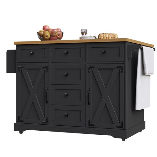 Îlot cuisine haut de gamme, chariot multifonction, grain bois, grand rangement, noir
