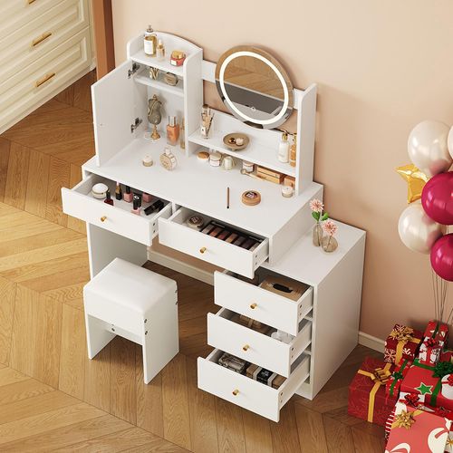 Coiffeuse LED 5 tiroirs + porte, prises intégrées + tabouret - blanc 90x132x40 cm