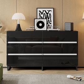 Buffet salon 140x39.5x78.5cm, 6 tiroirs, 3 pieds métal, blanc+noir