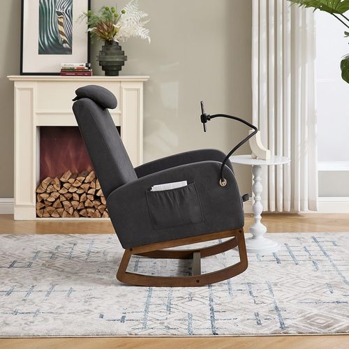 Fauteuil à bascule velours, appui-tête, support téléphone, repose-pieds, cadre bois